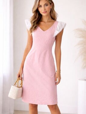 Dondolo Pink V-Neck sheath Midi Dress with Swiss dot Sleeves Sz S
